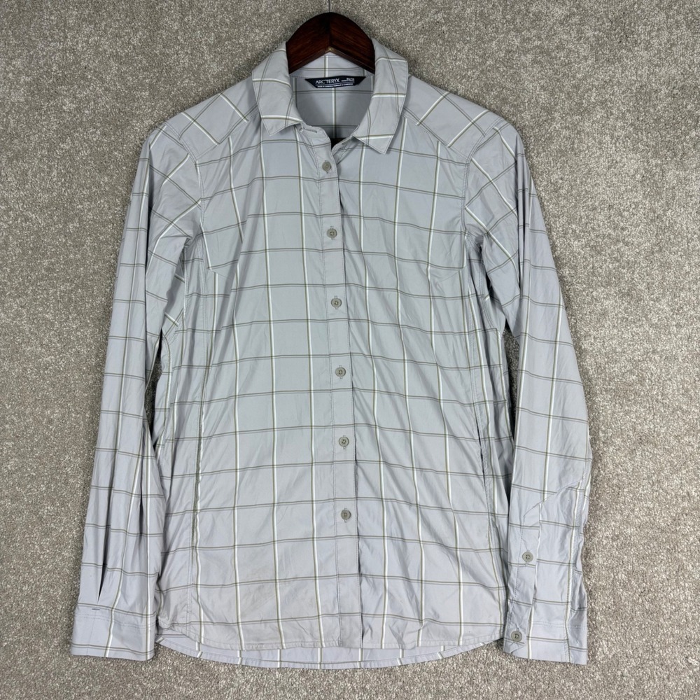 Arcteryx Womens XS Gray Plaid Long Sleeve Button Down Hiking Shirt Logo - Picture 2 of 12
